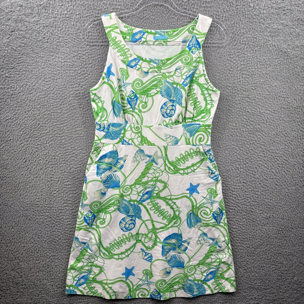 J‎ McLaughlin Dress Womens Medium White Blue Green Nautical Shell Sleeveless  *